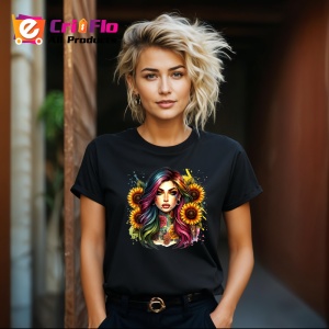 Tricou Rainbow hair girl sunflower tattoo, fata cu par curcubeu si tatuaj floarea soarelui, Copii | Dama | Barbat , tricou negru - Img 8