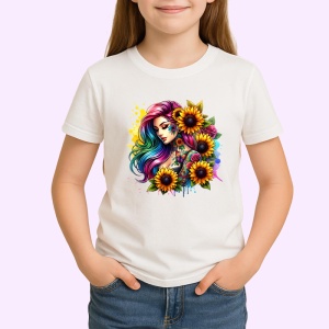 Tricou rainbow ponytail girl sunflower look, fata cu coada curcubeu si floarea soarelui, Copii | Dama | Barbat