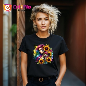 Tricou Rainbow ponytail girl sunflower look, fata cu coada curcubeu si floarea soarelui, Copii | Dama | Barbat , tricou negru - Img 8