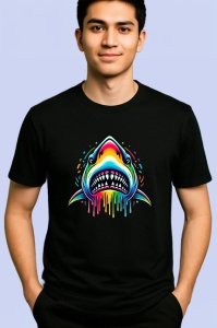 Tricou Rechin curcubeu design agresiv cu impact vizual Copii | Dama | Barbat, culoare negru - Img 2