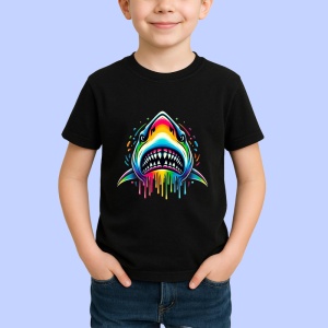 Tricou Rechin curcubeu design agresiv cu impact vizual Copii | Dama | Barbat, culoare negru - Img 4