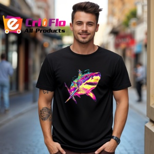 Tricou Rechin curcubeu fundal alb efecte de vopsea Copii | Dama | Barbat, culoare negru - Img 6