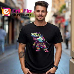 Tricou Rechin dansator colorat in pozitie comica Copii | Dama | Barbat, culoare negru - Img 6