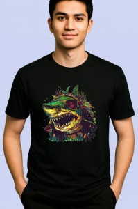Tricou Rechin galben cu ochelari si zambet periculos Copii | Dama | Barbat, culoare negru - Img 2