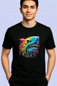 Tricou Rechin graffiti cu efecte vizuale pradator colorat Copii | Dama | Barbat, culoare negru - Img 2