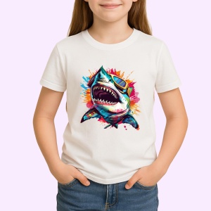 Tricou Rechin in stil graffiti cu ochelari fundal alb Copii | Dama | Barbat - Img 4