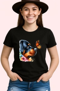 Tricou Rottweiler calm cu fluture portocaliu si flori colorate contrast vibrant Copii | Dama | Barbat Barbat - Img 6