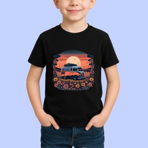 Tricou Rulota hippie cu flori si camp de floarea soarelui 2 Copii | Dama | Barbat, culoare negru - Img 4