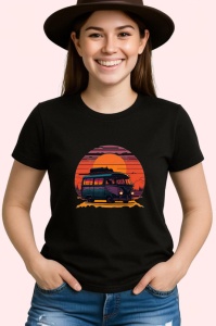 Tricou Rulota hippie cu flori si camp de floarea soarelui Copii | Dama | Barbat, culoare negru - Img 3