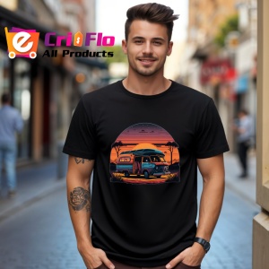 Tricou Rulota mov pe plaja apus stil desen artistic Copii | Dama | Barbat, culoare negru - Img 6