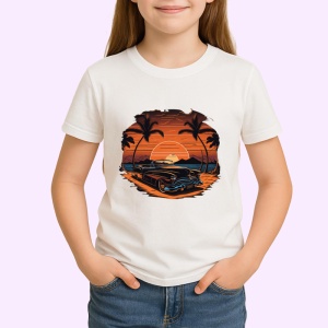 Tricou Rulota portocalie pe plaja cu palmieri si apus 2 Copii | Dama | Barbat