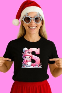 Tricou S Litera Craciun Roz Cu Om De Zapada Fulgi De Zapada, din bumbac 100% Copii | Dama | Barbat