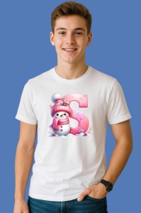 Tricou S Litera Craciun Roz Cu Om De Zapada Fulgi De Zapada, din bumbac 100% Copii | Dama | Barbat