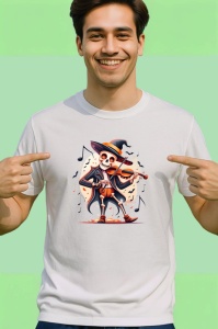 Tricou Schelet cu vioara si palarie vrajitor fundal alb Copii | Dama | Barbat - Img 2
