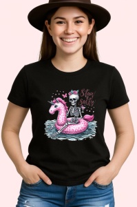 Tricou Schelet pe flamingo roz text stay salty design amuzant de vara Copii | Dama | Barbat Barbat - Img 7