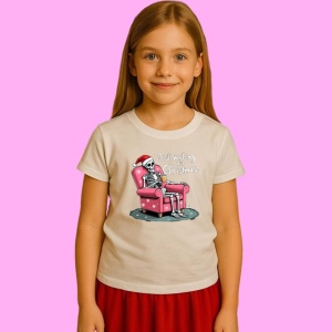 Tricou Schelet Relaxat Pe Fotoliu Asteptand Craciunul, din bumbac 100%, tricou alb, Copii | Dama | Barbat
