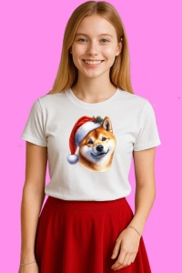 Tricou Shiba Inu Craciun Fericit, din bumbac 100%, tricou alb, Copii | Dama | Barbat