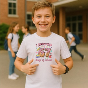 Tricou SIX SEVEN 67 Am Supravietuit Scolii Donut, din bumbac 100%, tricou alb, Copii | Dama | Barbat - Img 2