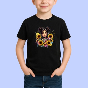 Tricou Space buns girl sunflower burst, fata cu cocuri si floarea soarelui exploziva, Copii | Dama | Barbat , tricou negru - Img 2