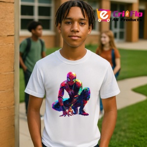 Tricou Spiderman desen colorat pozitie ghemuit fundal alb Copii | Dama | Barbat - Img 4