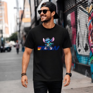 Tricou Stitch Albastru Logo Retro Stil Urban Sportiv Streetwear, din bumbac 100%, tricou negru, Copii | Dama | Barbat - Img 5