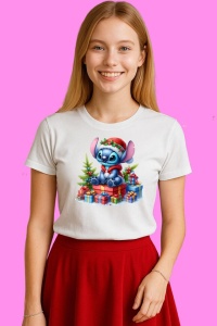 Tricou Stitch Asezat Pe Cadouri De Craciun, din bumbac 100%, tricou alb, Copii | Dama | Barbat