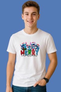Tricou Stitch Cu Prieteni Text Merry Christmas, din bumbac 100%, tricou alb, Copii | Dama | Barbat
