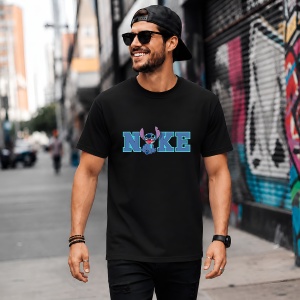 Tricou Stitch Logo Albastru Stil Desen Animat, din bumbac 100%, tricou negru, Copii | Dama | Barbat - Img 5