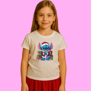 Tricou Stitch Mos Craciun Cu Sac Si Cadouri, din bumbac 100%, tricou alb, Copii | Dama | Barbat - Img 2