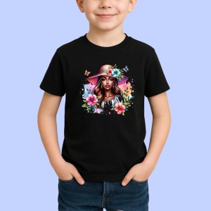 Tricou Summer hat woman flowers and butterflies, femeie cu palarie de vara flori si fluturi, Copii | Dama | Barbat , tricou negru - Img 2
