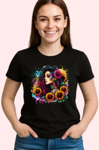 Tricou Sunflower cascade tattoo girl, fata cu cascada de floarea soarelui si tatuaje, Copii | Dama | Barbat , tricou negru - Img 3