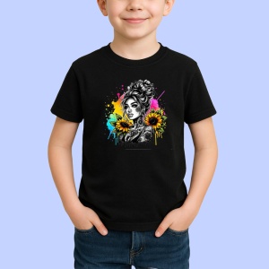 Tricou Sunflower tattoo black background girl, fata tatuata cu floarea soarelui pe fundal negru, Copii | Dama | Barbat , tricou negru - Img 2