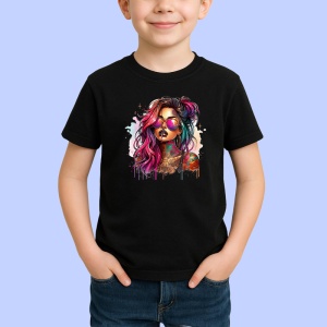 Tricou Sunglasses girl rainbow style tattooed, fata cu ochelari stil curcubeu si tatuaje, Copii | Dama | Barbat , tricou negru - Img 2