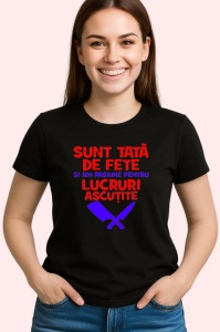 Tricou sunt tata de fete si am pasiune pentru lucruri ascutite mesaj glumet, Copii | Dama | Barbat , tricou negru - Img 2