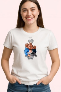 Tricou Super Mama Cu Doi Copii Ilustratie Spate, din bumbac 100% , tricou alb pentru Dama - Img 2
