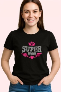 Tricou Super Mom Logo Roz Cu Coroana, din bumbac 100%, tricou negru Dama | Barbat - Img 2