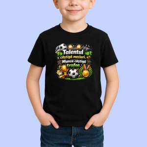 Tricou Talentul Castiga Meciuri Munca Trofee Fotbal, din bumbac 100%, tricou negru Copii | Dama | Barbat - Img 2