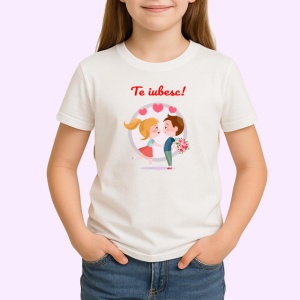 Tricou Te Iubesc Cuplu Indragostit Cu Flori Si Inimi, din bumbac 100% , tricou alb pentru Copii | Dama | Barbat