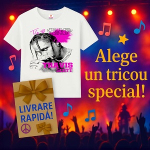Tricou Travis Scott - Portret alb-negru cu roz, muzica RAP, Dama | Barbat | Copii - Img 8