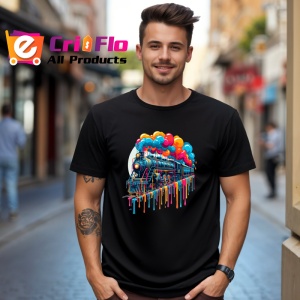 Tricou Tren cu baloane colorate si vopsea fundal alb Copii | Dama | Barbat, culoare negru