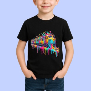Tricou Tren in miscare cu vopsea curcubeu si splash Copii | Dama | Barbat, culoare negru - Img 3