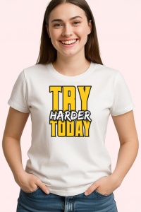 Tricou Try Harder Today Text Galben 3D V2, din bumbac 100% , tricou alb pentru Copii | Dama | Barbat