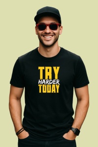 Tricou Try Harder Today Text Galben 3D V2, din bumbac 100%, tricou negru Copii | Dama | Barbat - Img 2