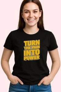 Tricou Turn The Pain Into Power Text Galben Bold, din bumbac 100%, tricou negru Copii | Dama | Barbat - Img 3