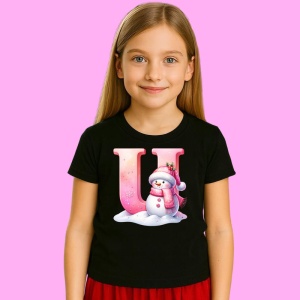Tricou U Litera Craciun Roz Cu Om De Zapada Fulgi De Zapada, din bumbac 100% Copii | Dama | Barbat - Img 2