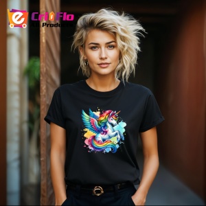 Tricou Unicorn with wings flying smile, unicorn cu aripi zambitor si colorat, Copii | Dama | Barbat , tricou negru - Img 8