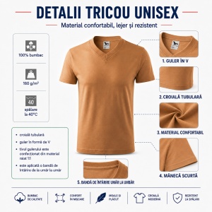 Tricou Unisex Damă și Bărbat Malfini 102, Guler în V, 100% Bumbac, 160 g/m², XS–3XL - Img 3