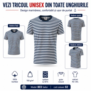 Tricou Unisex Damă și Bărbat Malfini 803 Sailor, Tip Marinăresc cu Dungi Alb–Albastru Marin, 100% Bumbac, 150 g/m², XS–3XL - Img 8