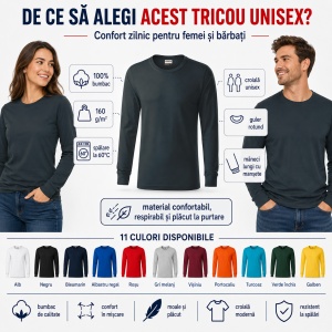 Tricou Unisex Damă și Bărbat Rimeck Resist LS R05, Mânecă Lungă, 100% Bumbac, 160 g/m², S–3XL - Img 2