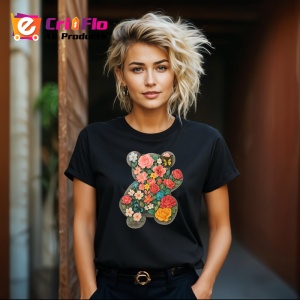 Tricou Urs compus din flori, Copii | Dama | Barbat , tricou negru